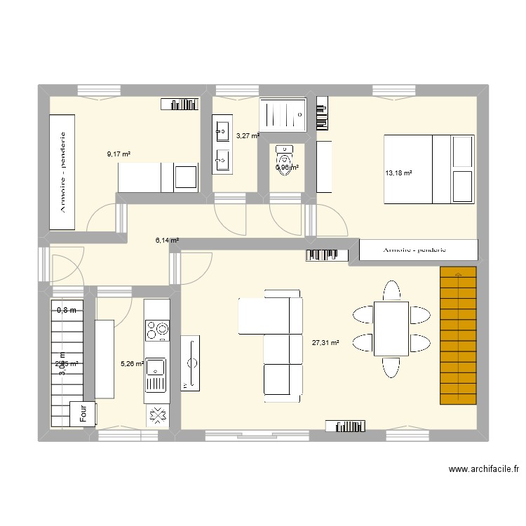 1er niveau. Plan de 8 pièces et 68 m2