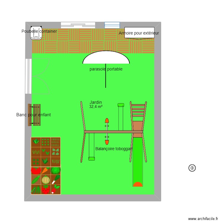 jardin. Plan de 1 pièce et 32 m2