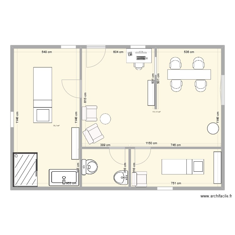 esthetique. Plan de 2 pièces et 192 m2