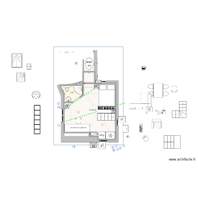 BOITE AUX CHAUSSURES vue. Plan de 3 pièces et 19 m2