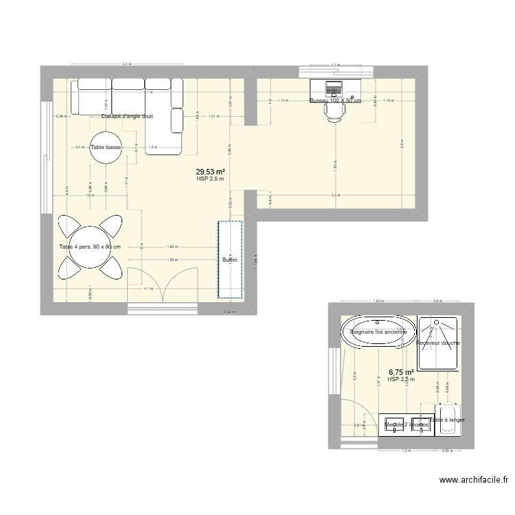 Salon. Plan de 2 pièces et 36 m2