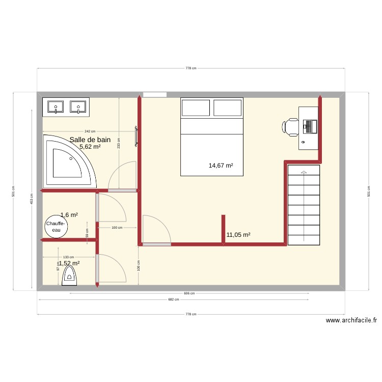 Salle bain haut. Plan de 5 pièces et 34 m2