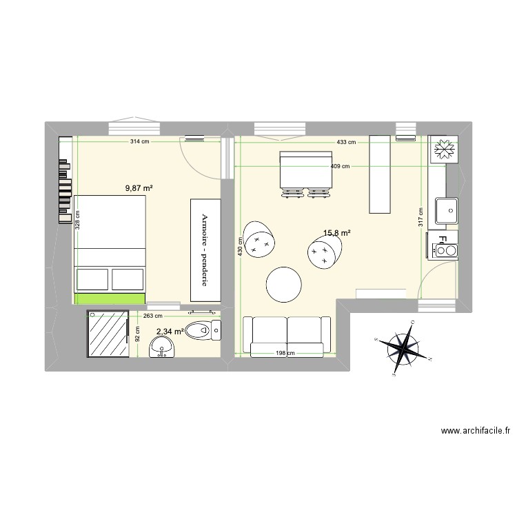 Cam 25 R Keller. Plan de 3 pièces et 28 m2