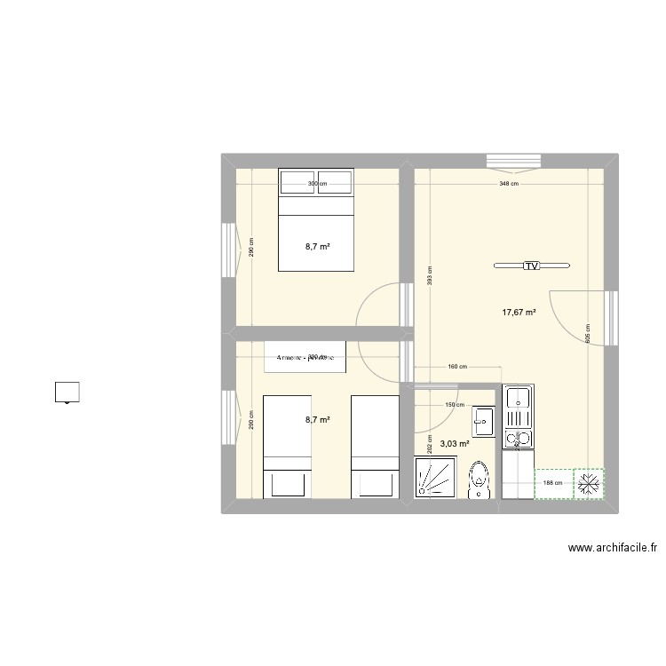 plan carré. Plan de 4 pièces et 38 m2