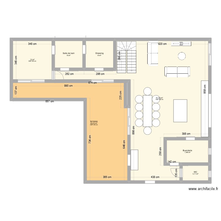 maison en L CM et JD. Plan de 7 pièces et 156 m2