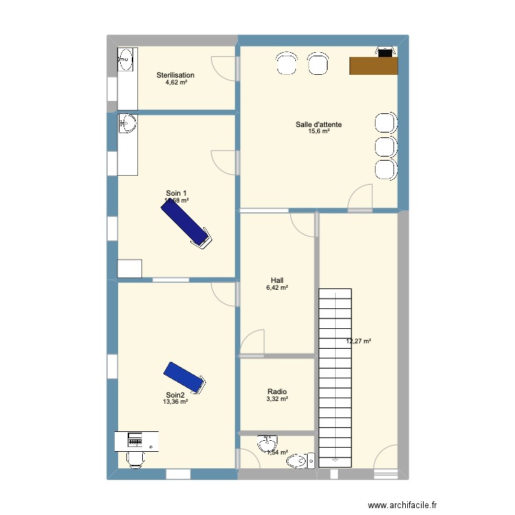 Cabinet dentaire. Plan de 8 pièces et 69 m2