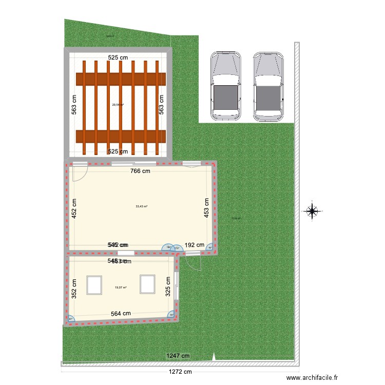 Extension chambre bas. Plan de 3 pièces et 82 m2