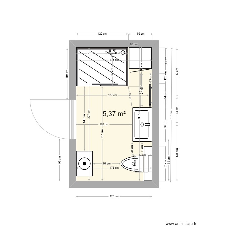 Salle de bain PM 8 douche 120x90. Plan de 1 pièce et 5 m2