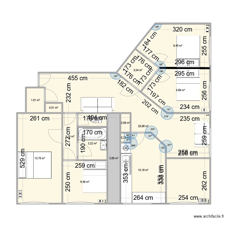 levallois5. Plan de 15 pièces et 94 m2