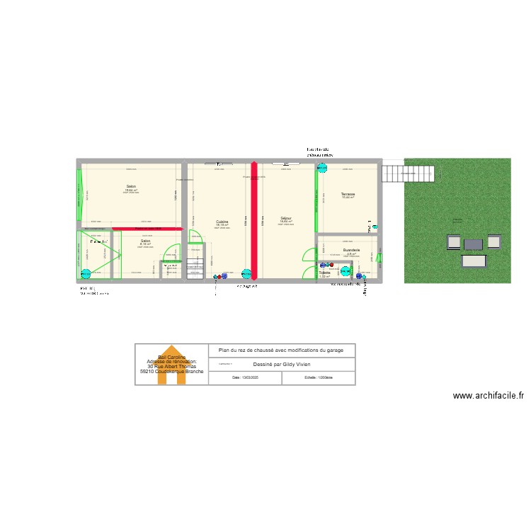 plan du rez de chaussé avec modification du garage et descente cave.. Plan de 7 pièces et 79 m2