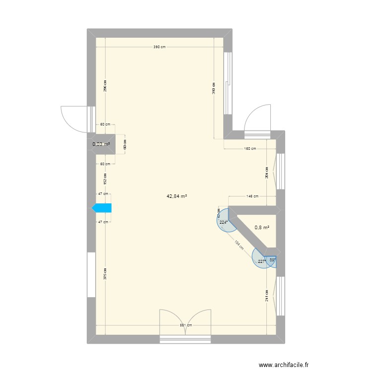 Cuisine - Salon. Plan de 3 pièces et 44 m2