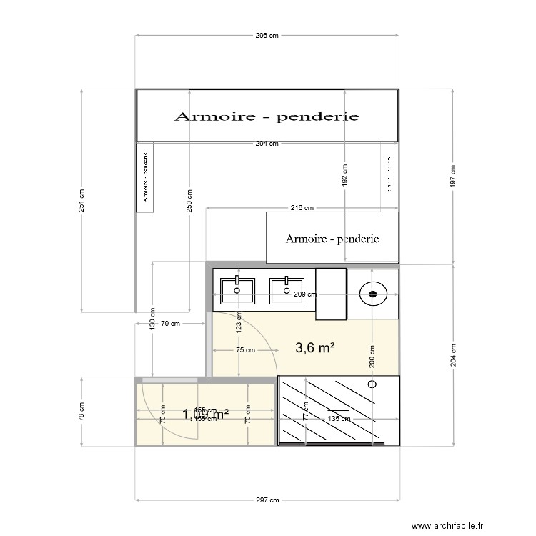 bas sdb. Plan de 2 pièces et 5 m2