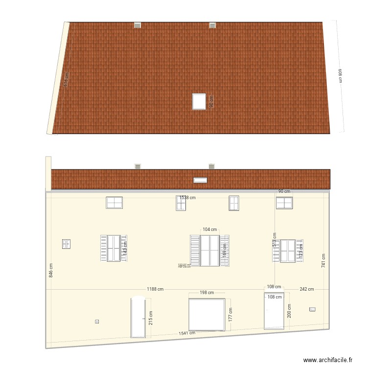 Façade av pignan tioiture. Plan de 1 pièce et 122 m2