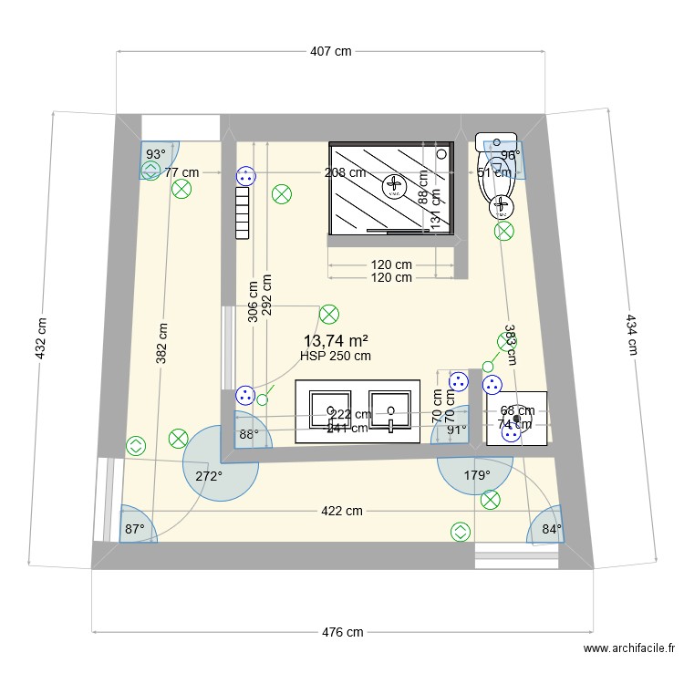 salle de bain . Plan de 1 pièce et 14 m2