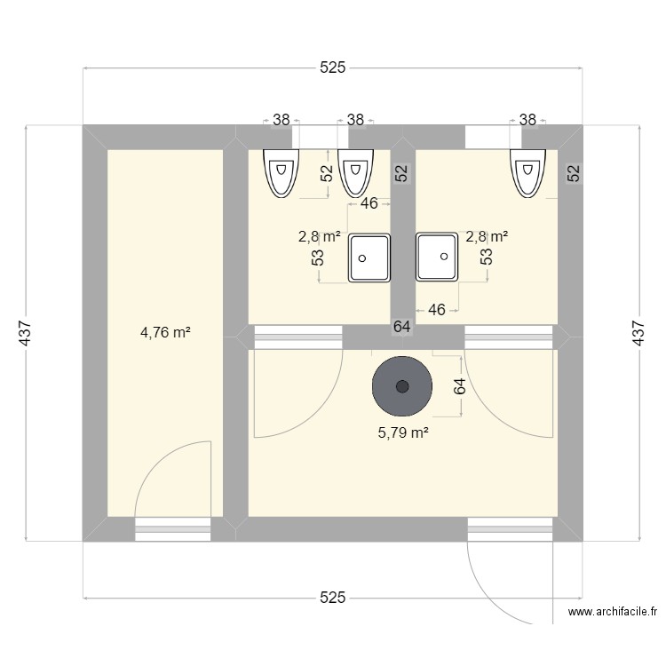 Toilette teillage V1. Plan de 4 pièces et 16 m2