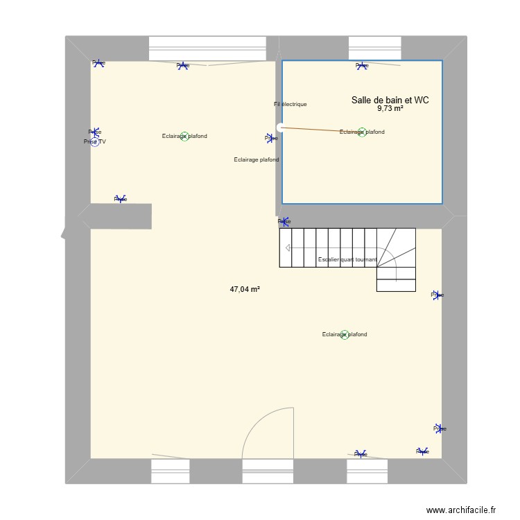 elec chez chamar. Plan de 2 pièces et 57 m2