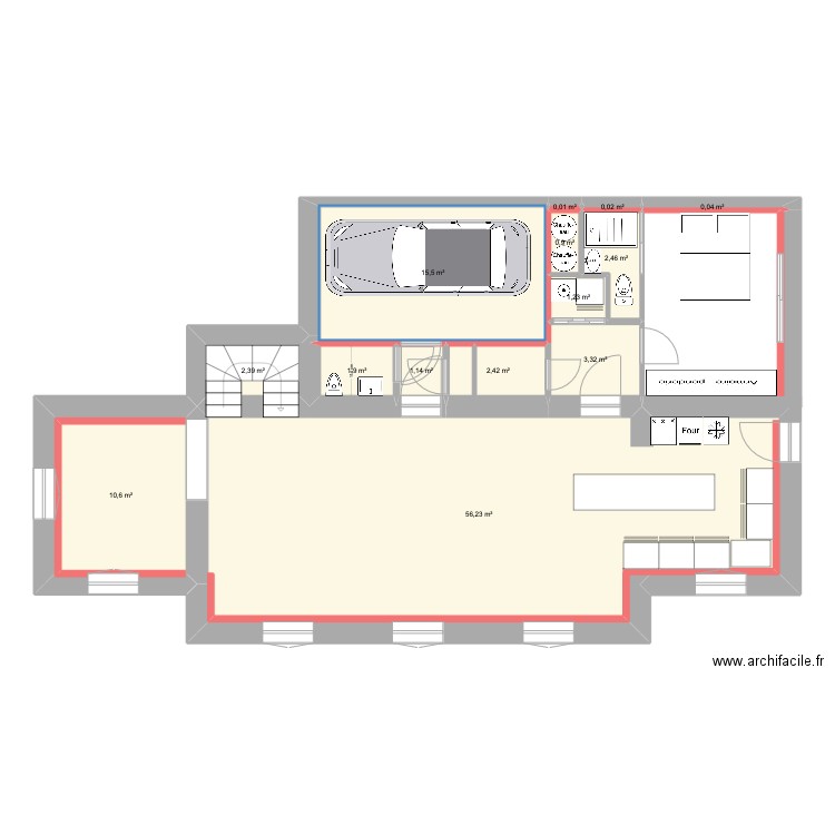 RDC 1. Plan de 14 pièces et 98 m2