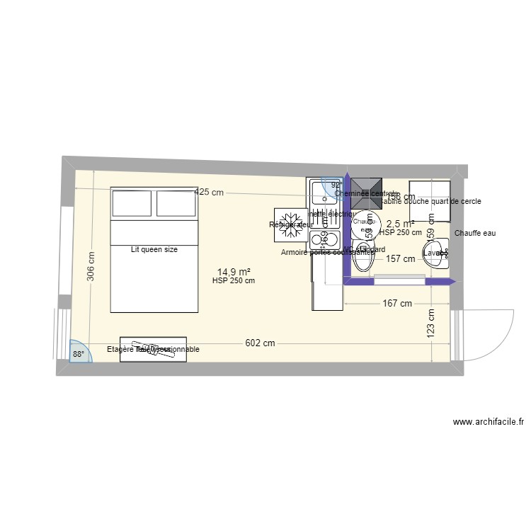 Studio 18m2 habitables . Plan de 2 pièces et 17 m2