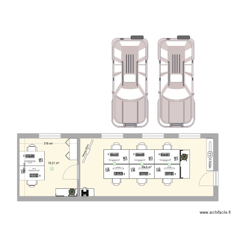 bureau Mobilians a gauche. Plan de 2 pièces et 34 m2