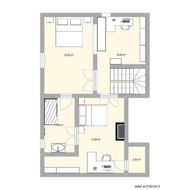 Jonquière R+1. Plan de 5 pièces et 60 m2