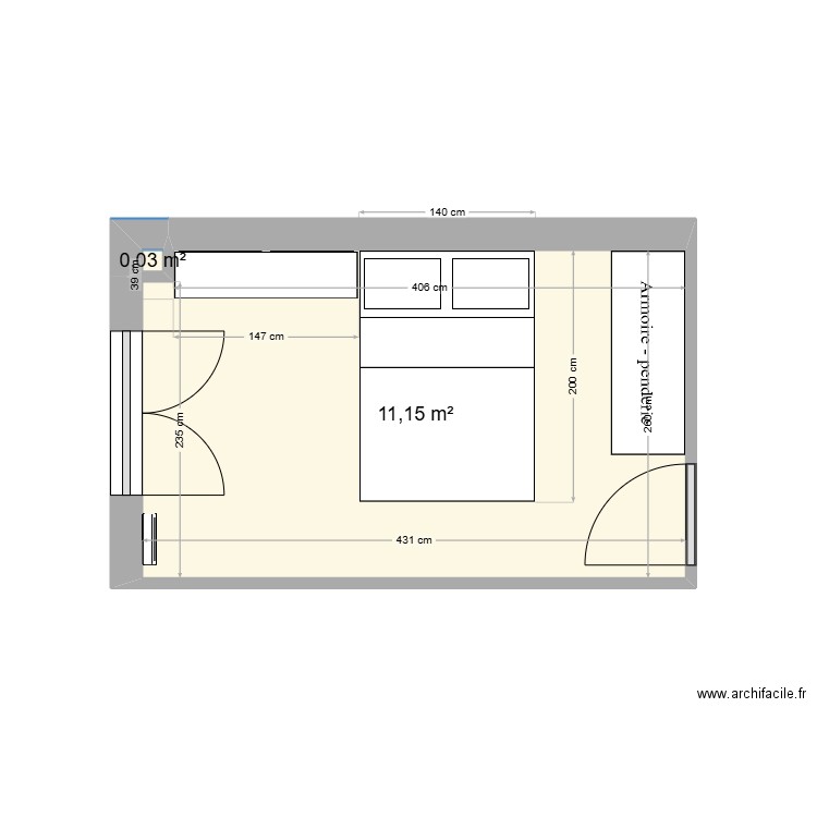 Chambre Mélissa. Plan de 2 pièces et 11 m2