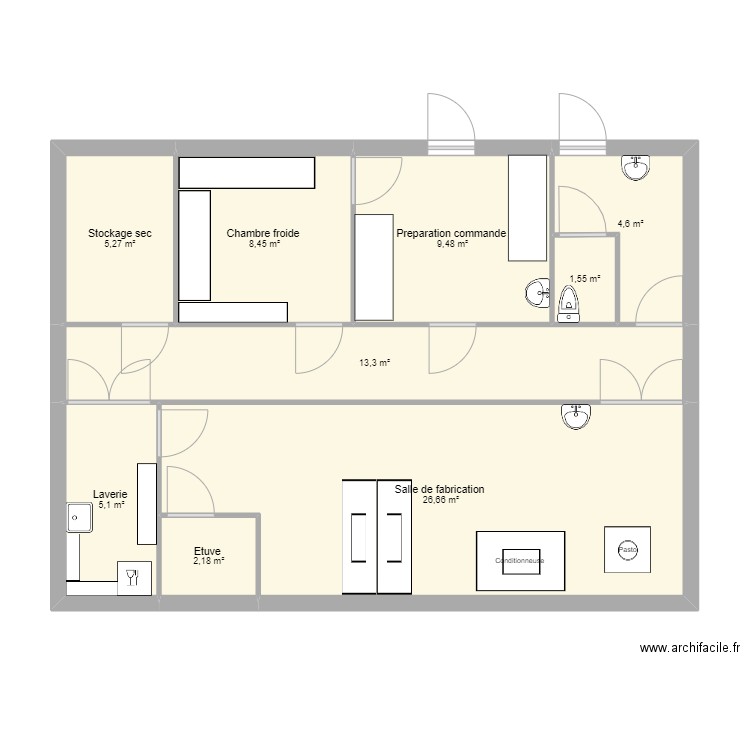 labo yaourt . Plan de 9 pièces et 77 m2