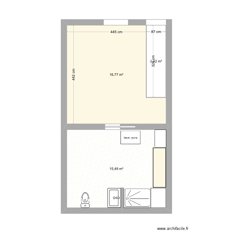 SDB. Plan de 3 pièces et 38 m2