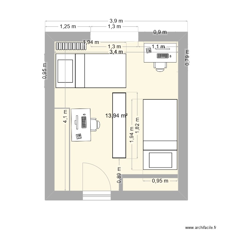 Chambre enfants. Plan de 1 pièce et 14 m2