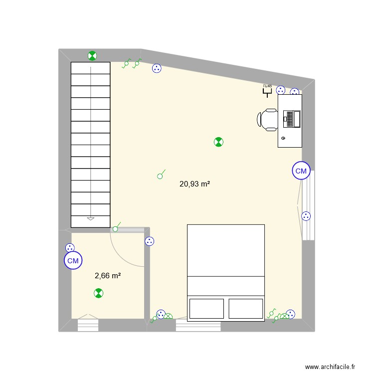 la ro. Plan de 2 pièces et 24 m2