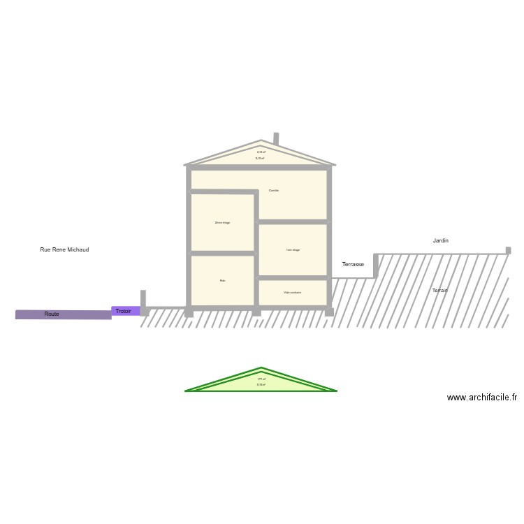 PCMI3_ Plan en coupe du terrain et de la construction . Plan de 9 pièces et 82 m2