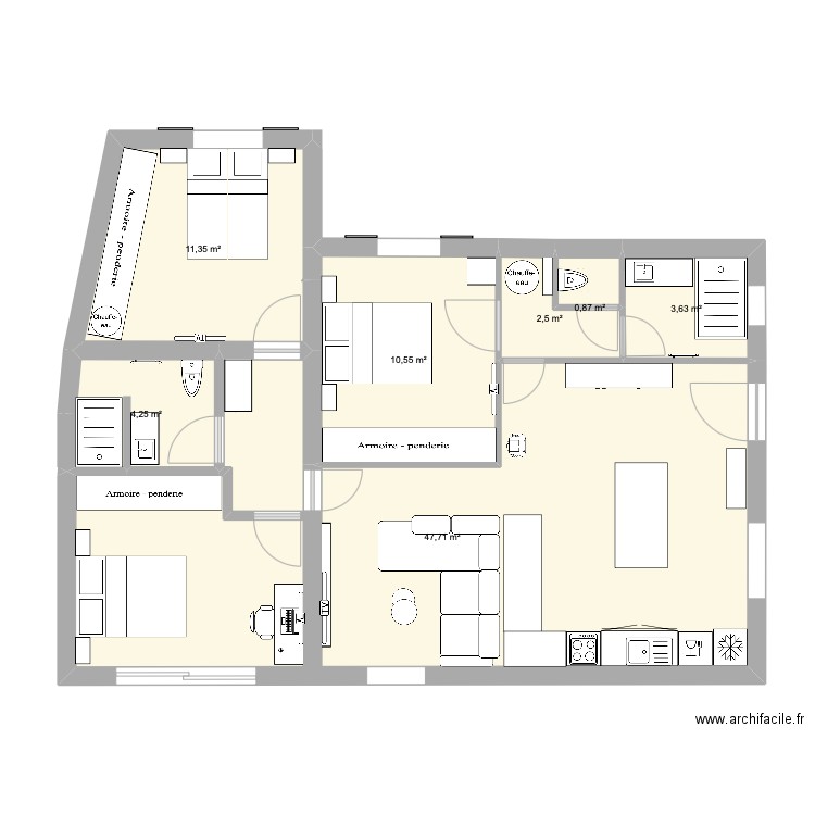 extension 3 chambres. Plan de 8 pièces et 75 m2