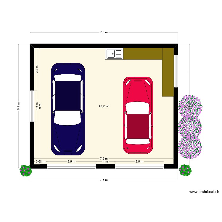 Plan 02 double garage atelier intérieur. Plan de 1 pièce et 43 m2