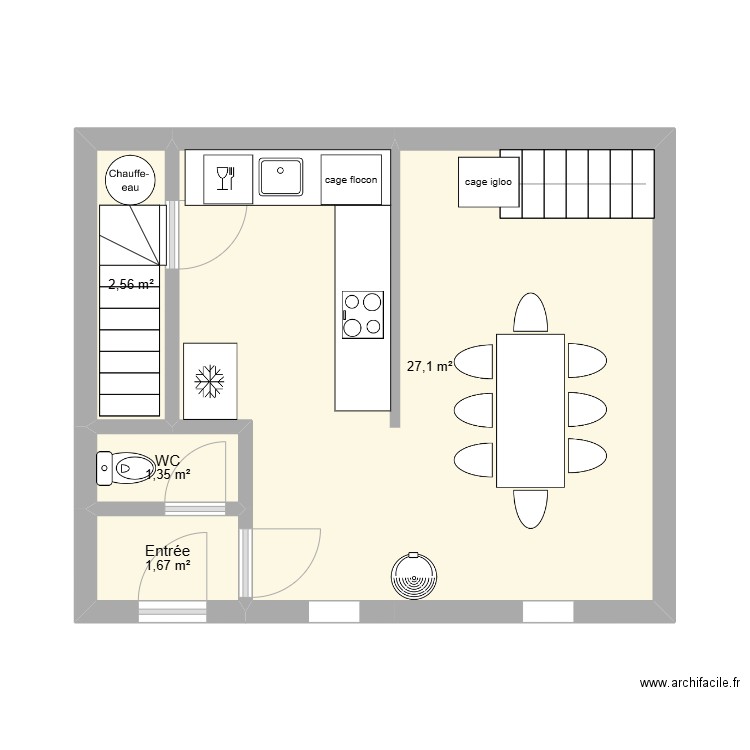 Rez de chaussé. Plan de 4 pièces et 33 m2