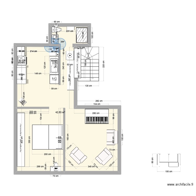 Paris 14 V5. Plan de 1 pièce et 43 m2