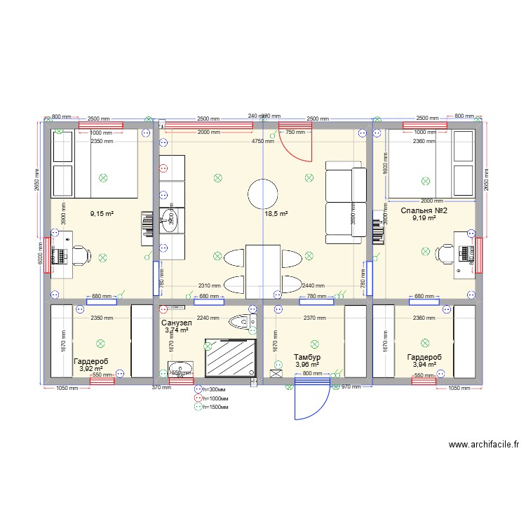 60  Дубна эл. Plan de 7 pièces et 52 m2