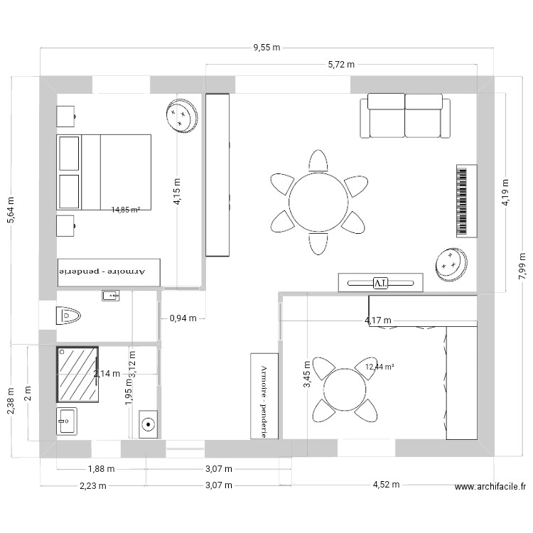 Chauverie. Plan de 2 pièces et 27 m2