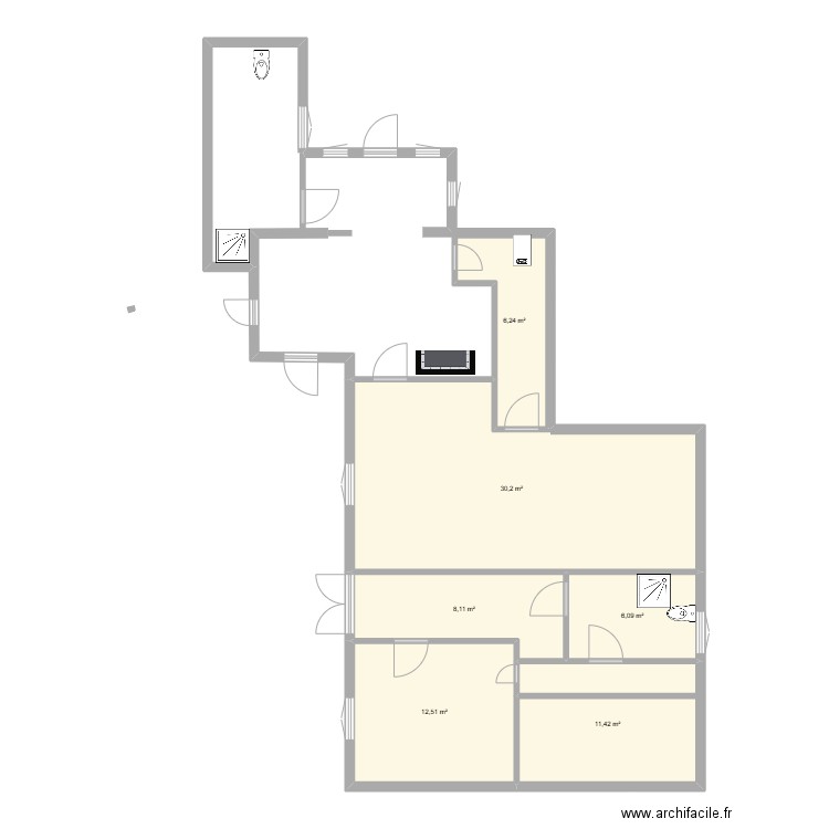 rdc Claron 1. Plan de 6 pièces et 75 m2