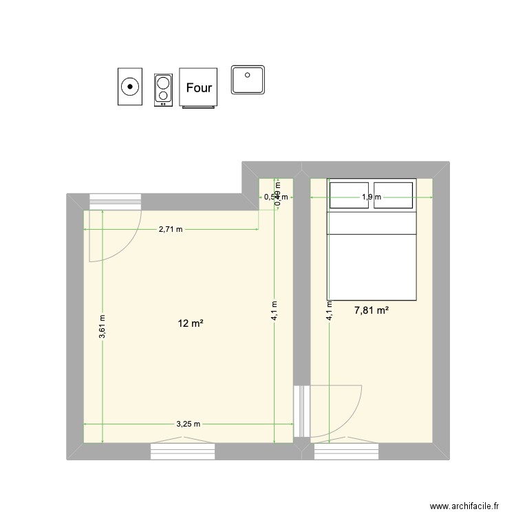 Loul v3. Plan de 2 pièces et 20 m2