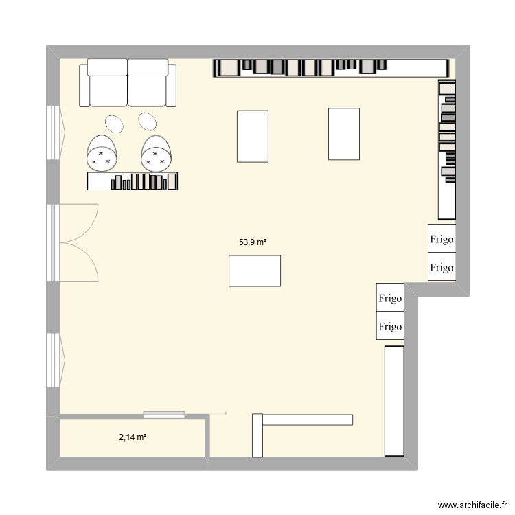 local. Plan de 2 pièces et 56 m2