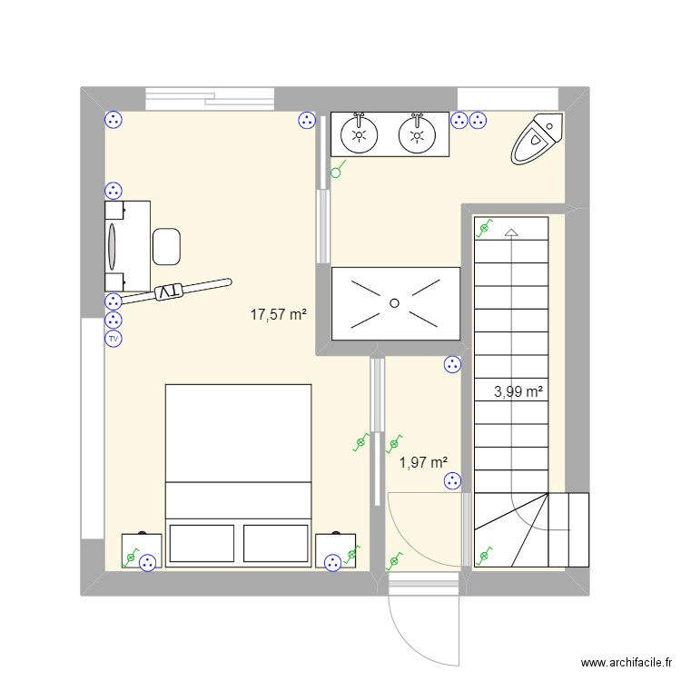 chambre rdc. Plan de 3 pièces et 24 m2