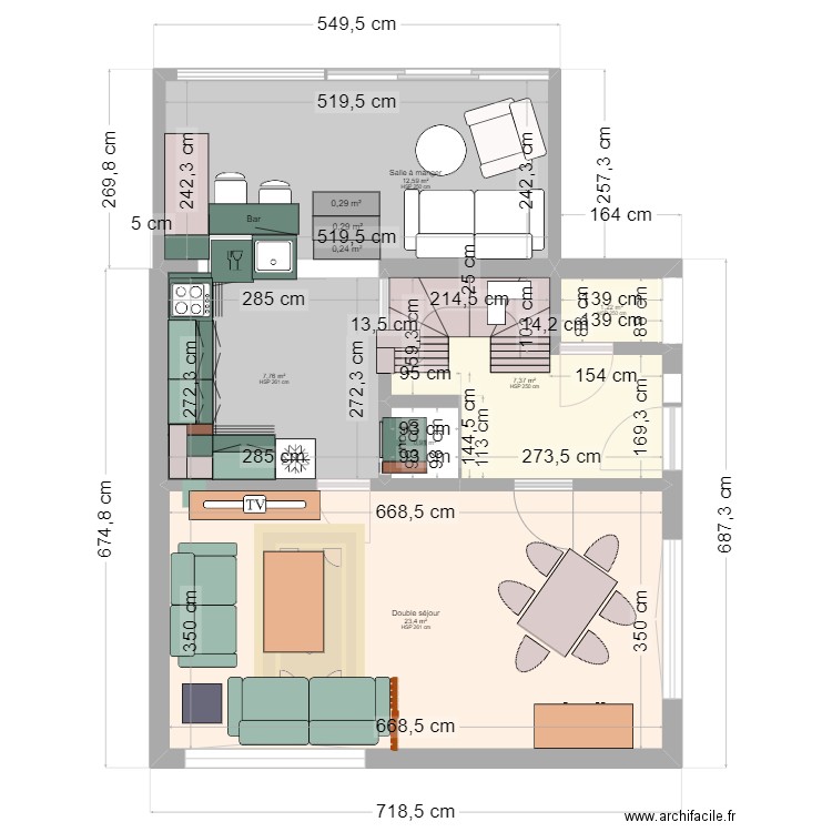 Plan avec avec projet cuisine et veranda. Plan de 6 pièces et 53 m2