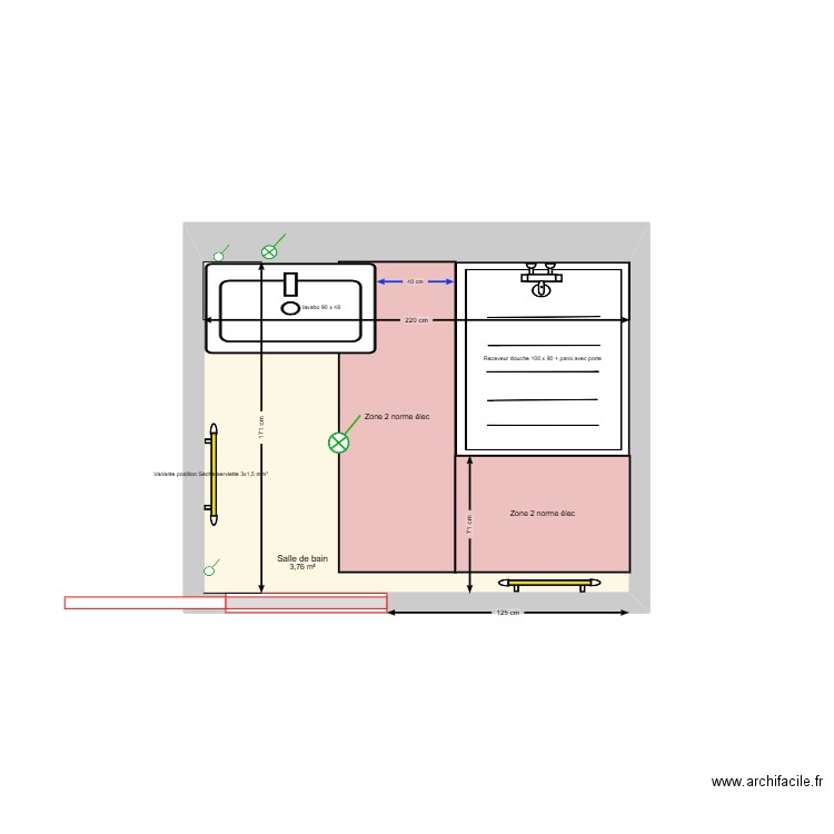 SDB Rossan_V 100x90. Plan de 1 pièce et 4 m2