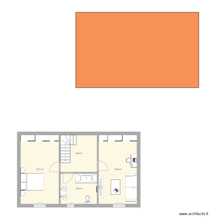 maison etage. Plan de 4 pièces et 52 m2