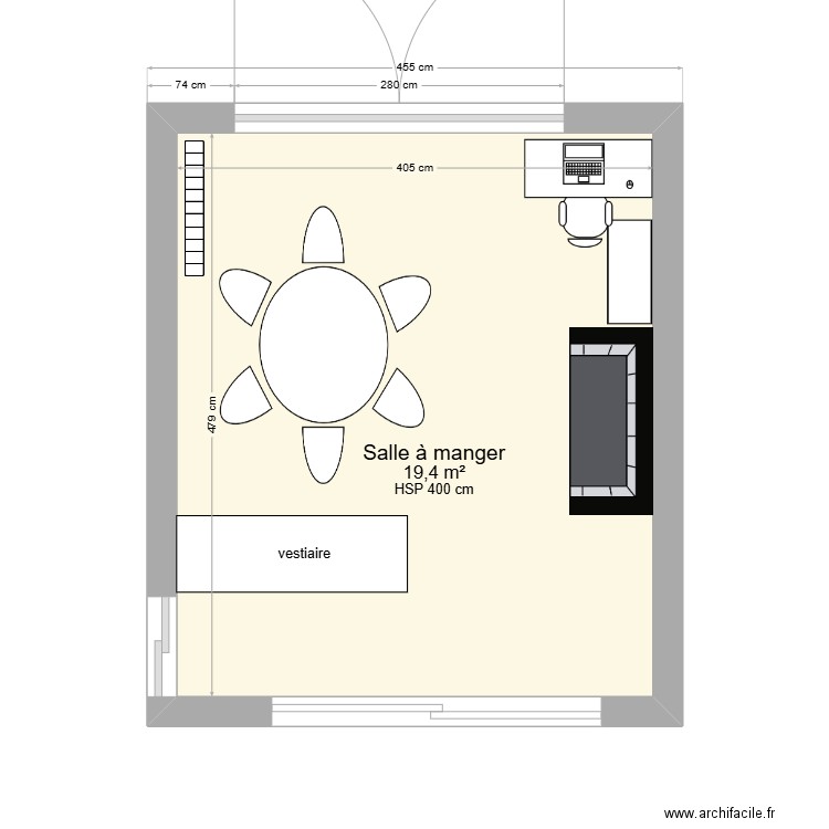 Voltaire salle à manger. Plan de 1 pièce et 19 m2