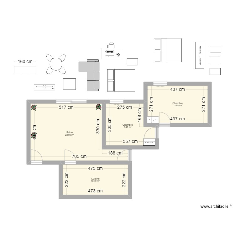 LYON. Plan de 4 pièces et 55 m2