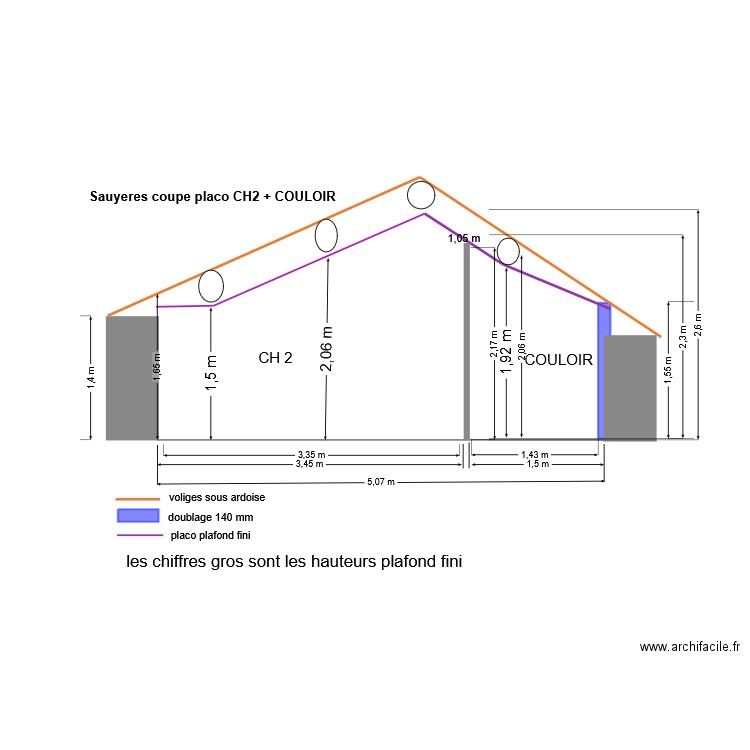 COUPE PLACO CH2 +COULOIR. Plan de 0 pièce et 0 m2