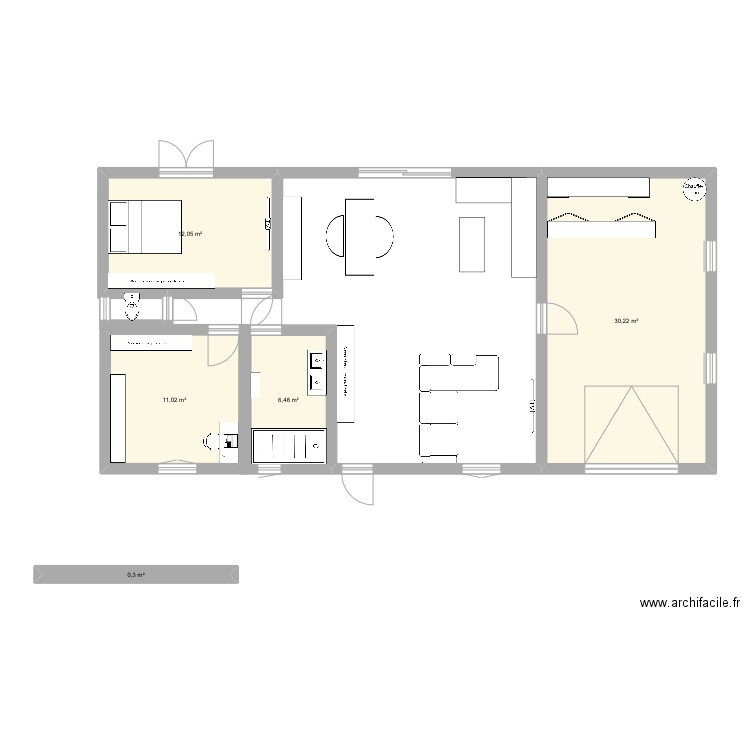 .Htbb. Plan de 5 pièces et 60 m2