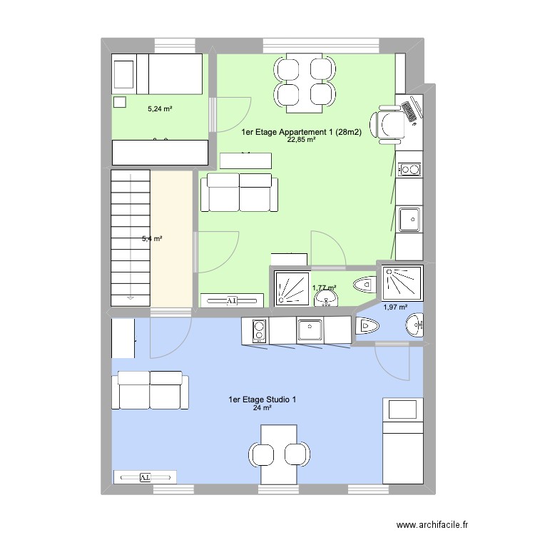 Etage 1 Moon met porta a faux versie 2. Plan de 6 pièces et 61 m2