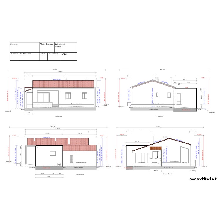 façades projetées releves. Plan de 16 pièces et 10 m2