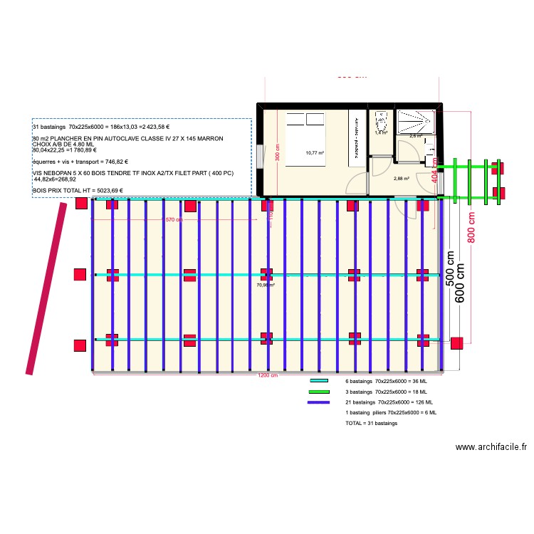 plateforme totale sans butte. Plan de 5 pièces et 89 m2